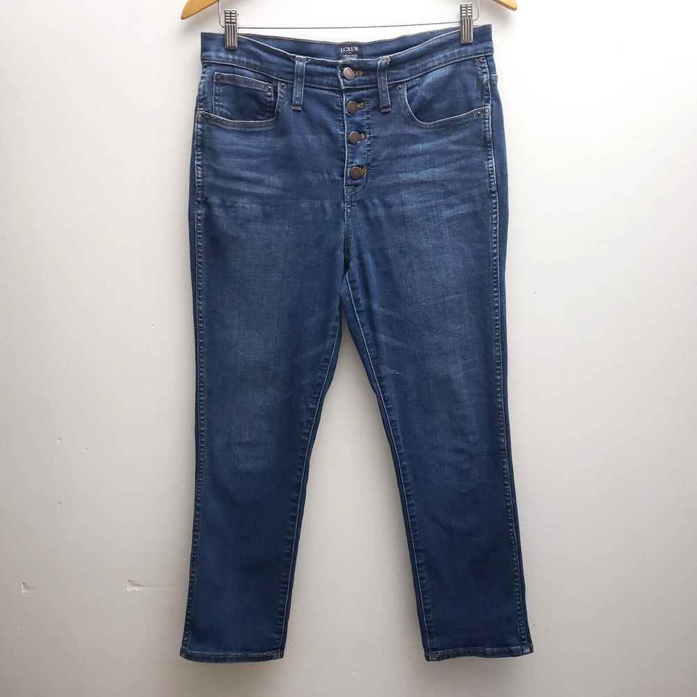 J Crew Womens High Rise Vintage Straight Jeans 28 Blue Button Fly Ankle Stretch